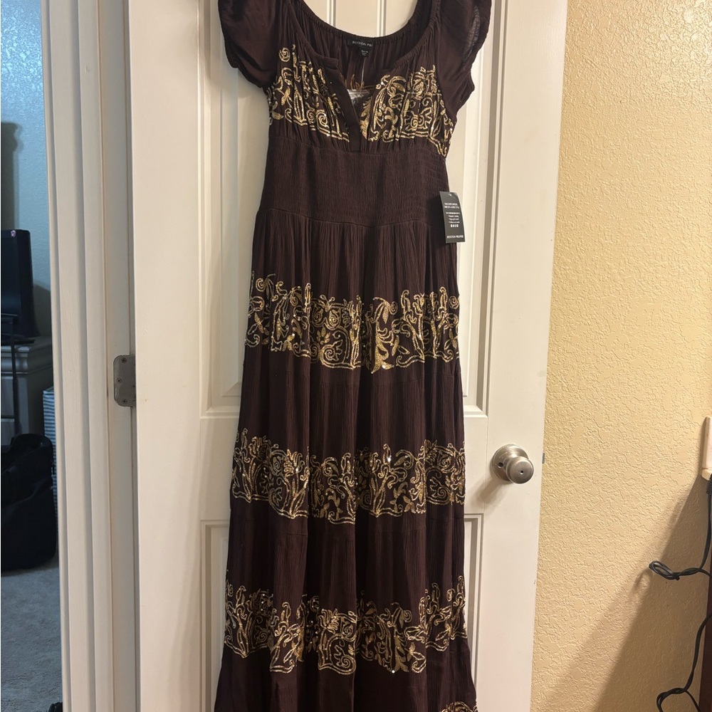 Boston Proper Brown and Gold Sleeveless Maxi Sundress